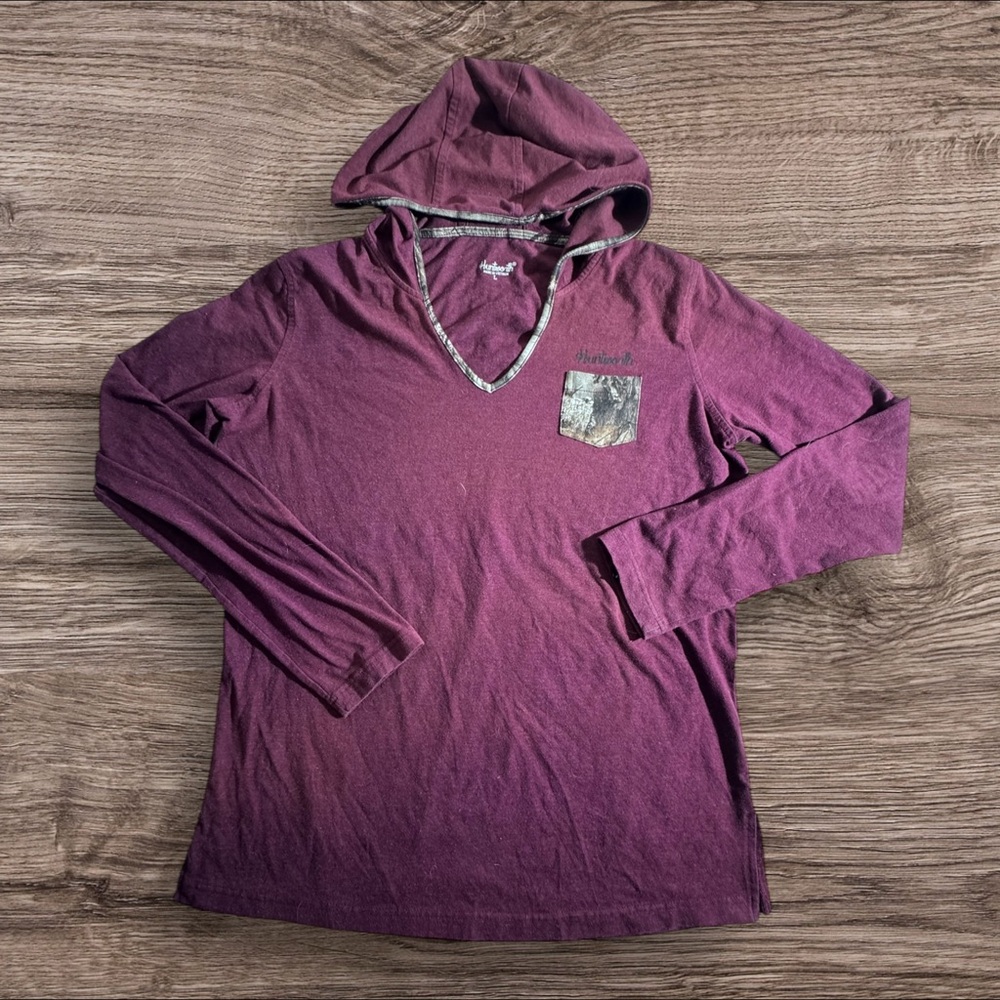 Women's‎ Long Sleeve Burgundy Hooded Tee with Camo